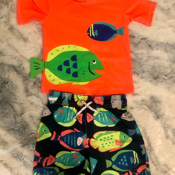 2 Piece Fish Rash Guard Top & Swim Trunks Set - Picture 3 of 4